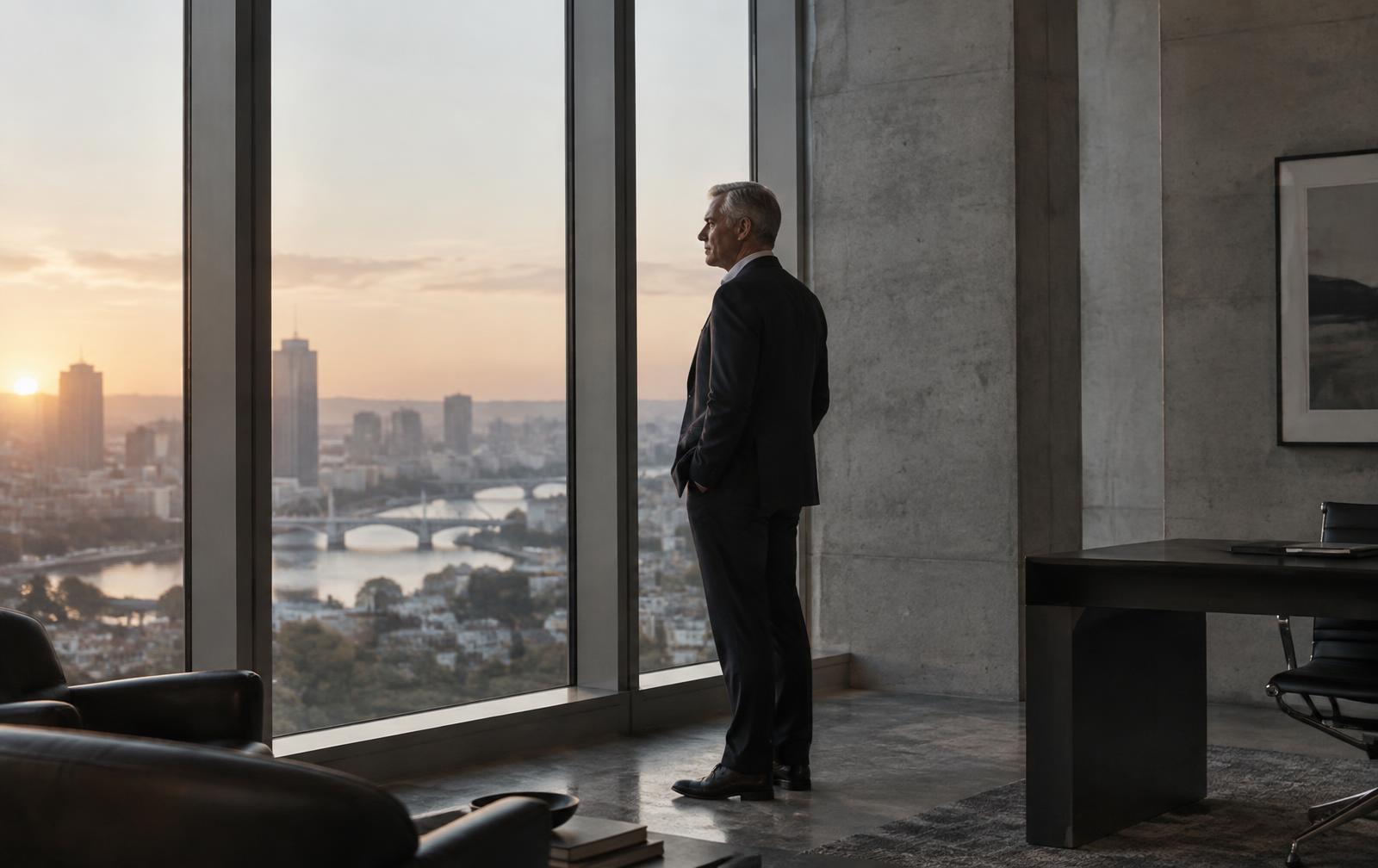 A senior executive looking out over a city from an office window
