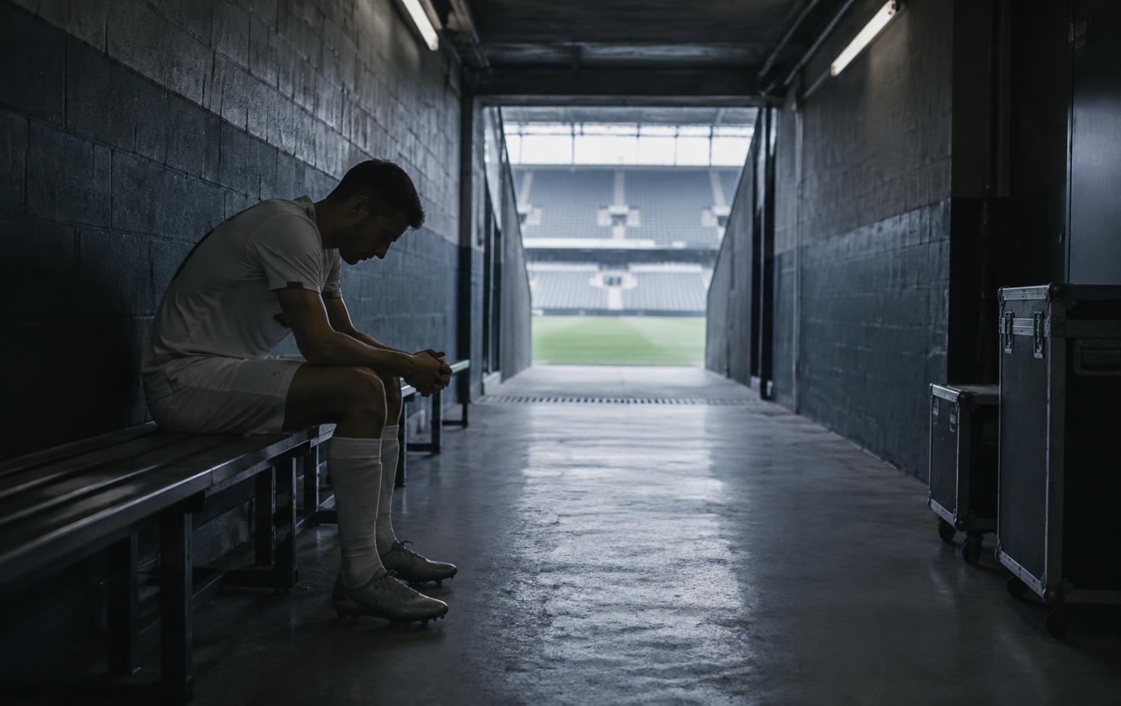 A footballer sitting quietly in a stadium tunnel before a match